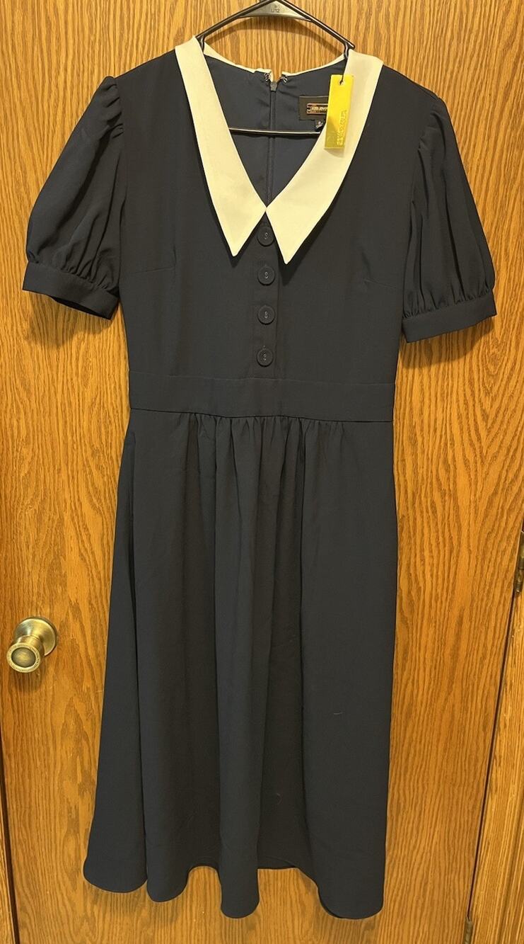 Alexia Admor NWT Navy Blue Contrast Collar Puff Sleeve Midi Dress Size 8 Vintage